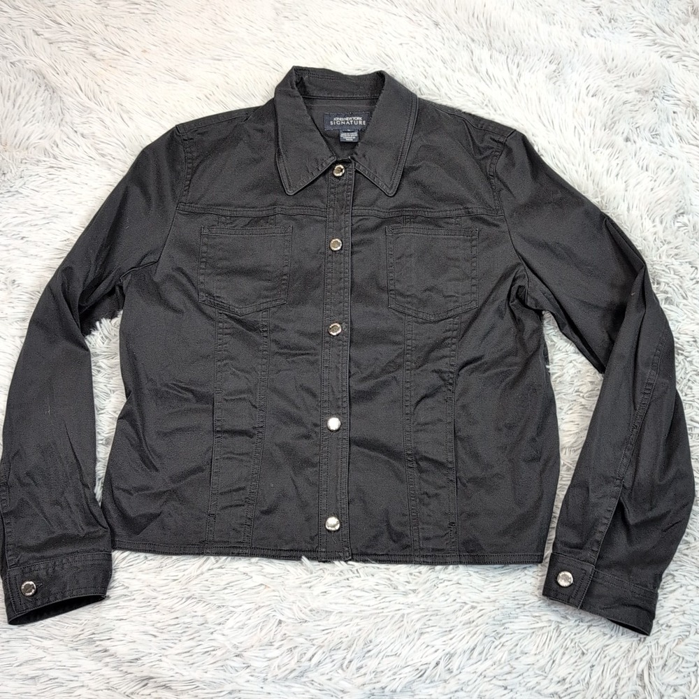 Jones New York Jacket Womens L Black Denim Button Up Pockets Comfort Casual
